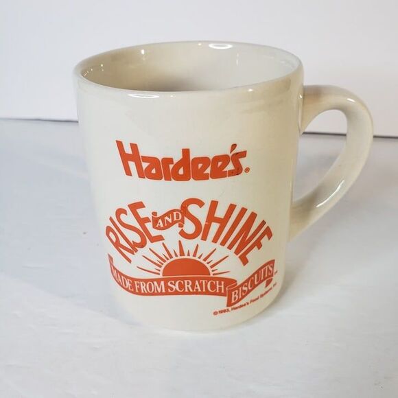 Vintage 90s Orange Hardees Rise and Shine Coffee Mug Cup Logo Restaurant Ware - Picture 1 of 9